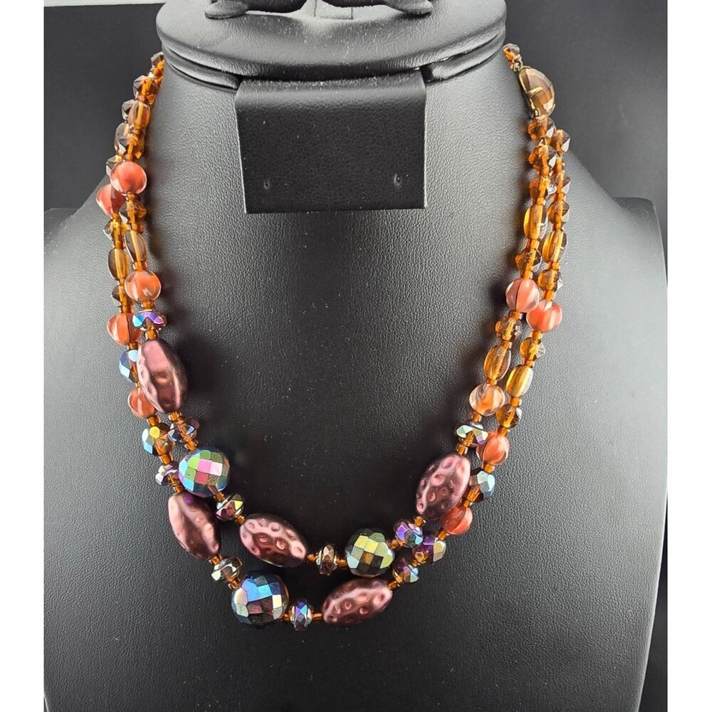 Vintage W. Germany Double Strand Necklace Beads Aurora Borealis Faceted Crystal